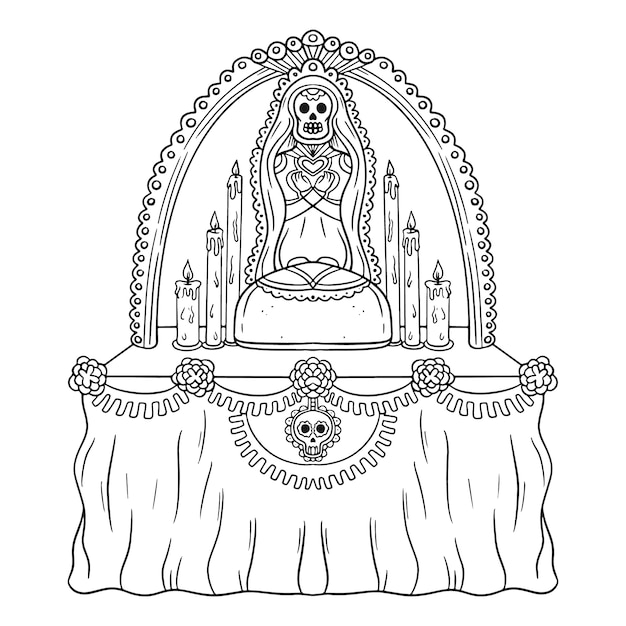 Free vector hand drawn altar de dia de muertos coloring page illustration