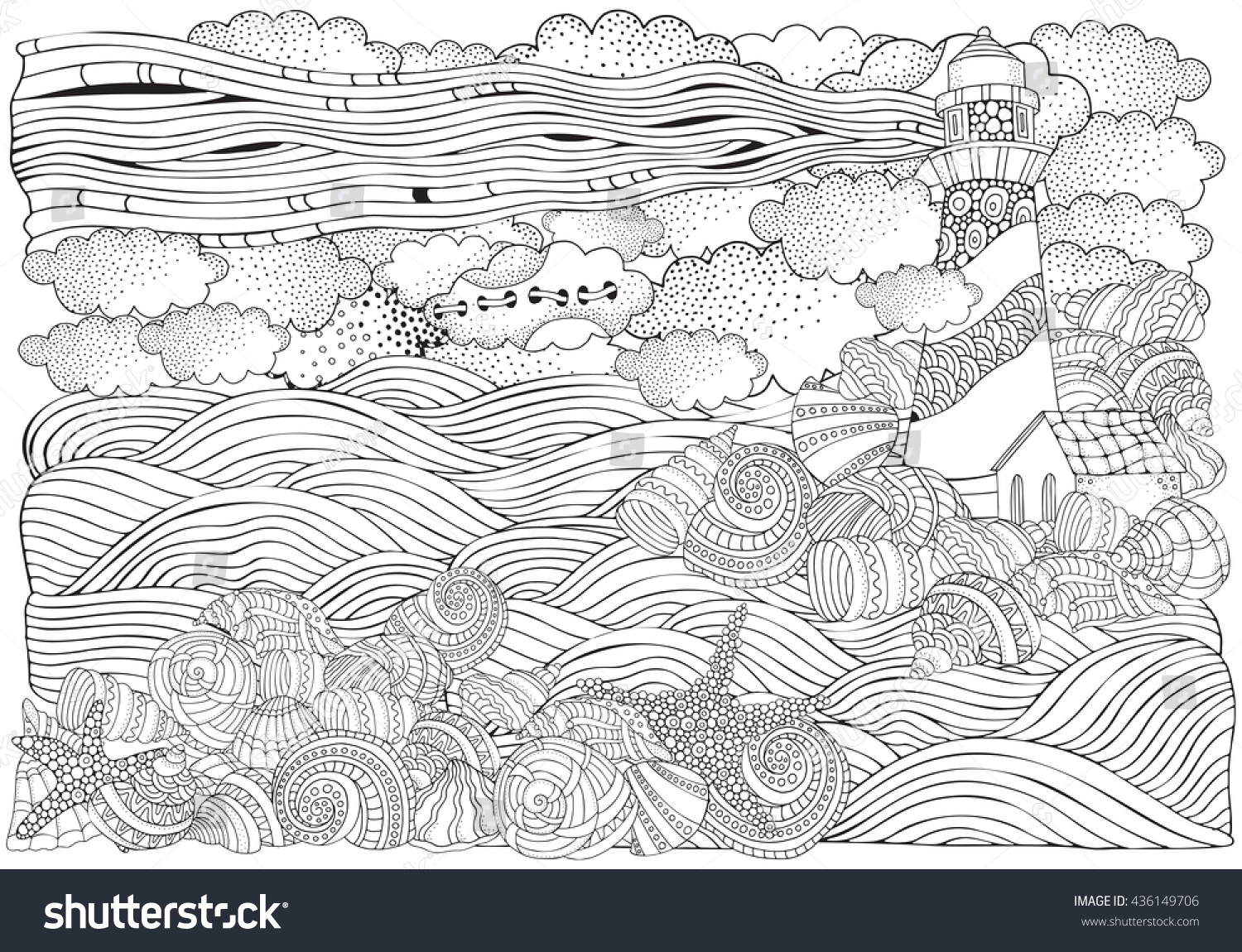 Lighthouse shells seascape coloring book page stock vector royalty free