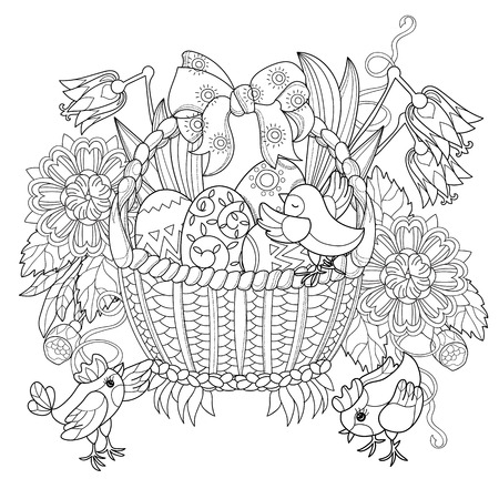 Hand drawn doodle outline easter eggs in basket with chicken decorated with ornamentsvector illustrationfloral ornamentsketch for adult coloring pages or postcardsboho style ù ùùø øªøµù ùù ù