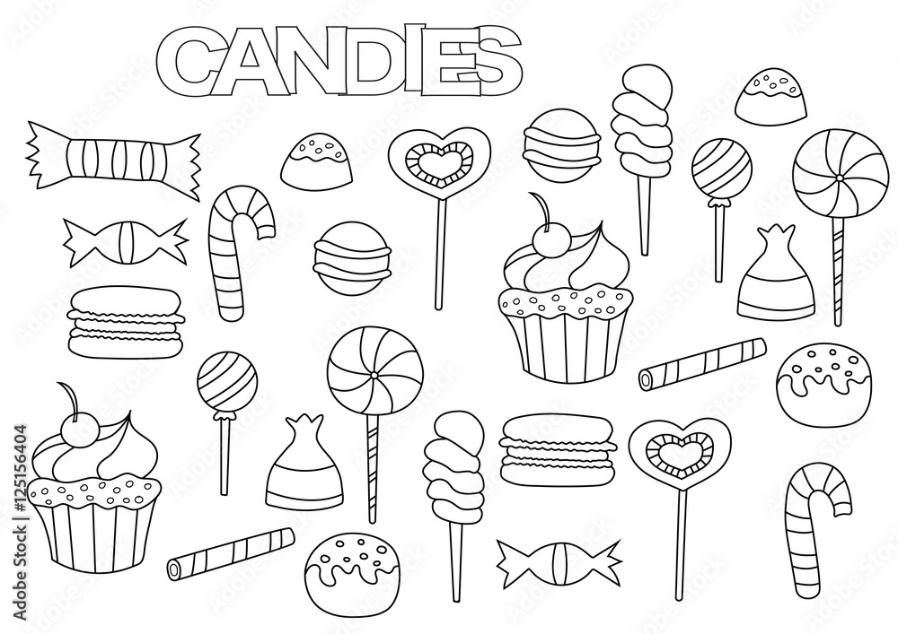 Hand drawn candy bar set coloring book page template outline doodle vector illustration vector