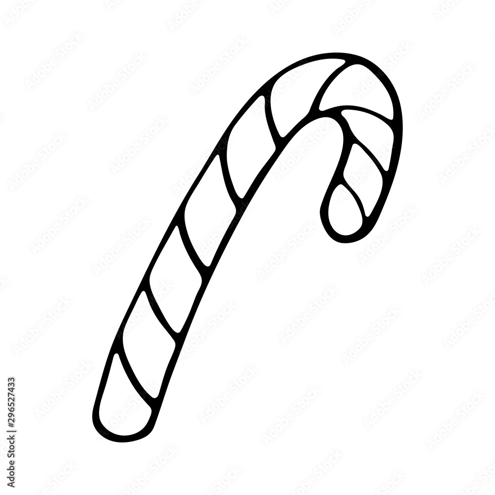 Vector hand drawn outline illustration of sweet candy cane black contour doodle in line art style new year and christmas treat coloring book design element poster or greeting card template vector