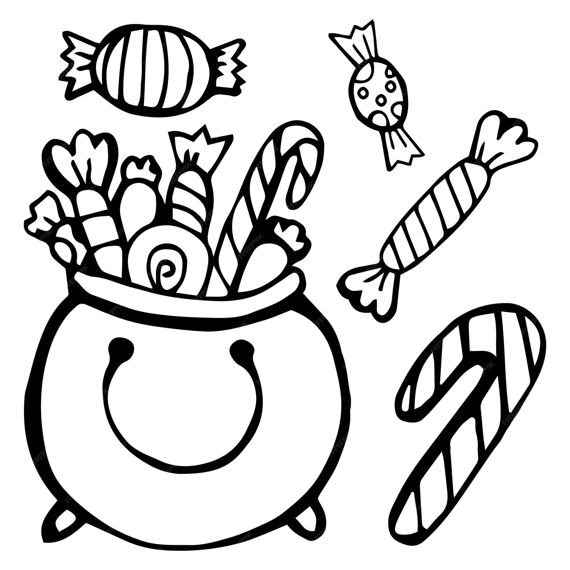 Premium vector halloween coloring page basket full of candies and sweets black and white outline illustration