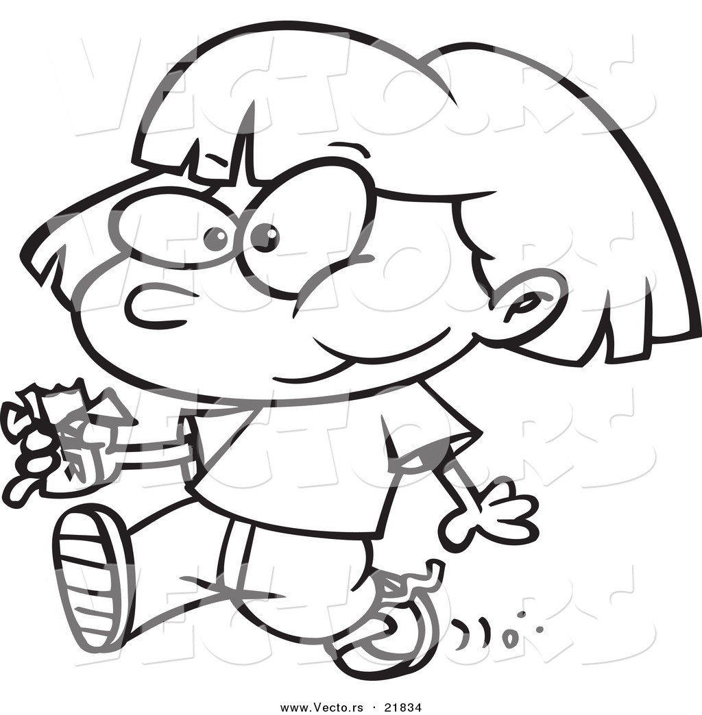 R of a cartoon girl walking and eating a candy bar