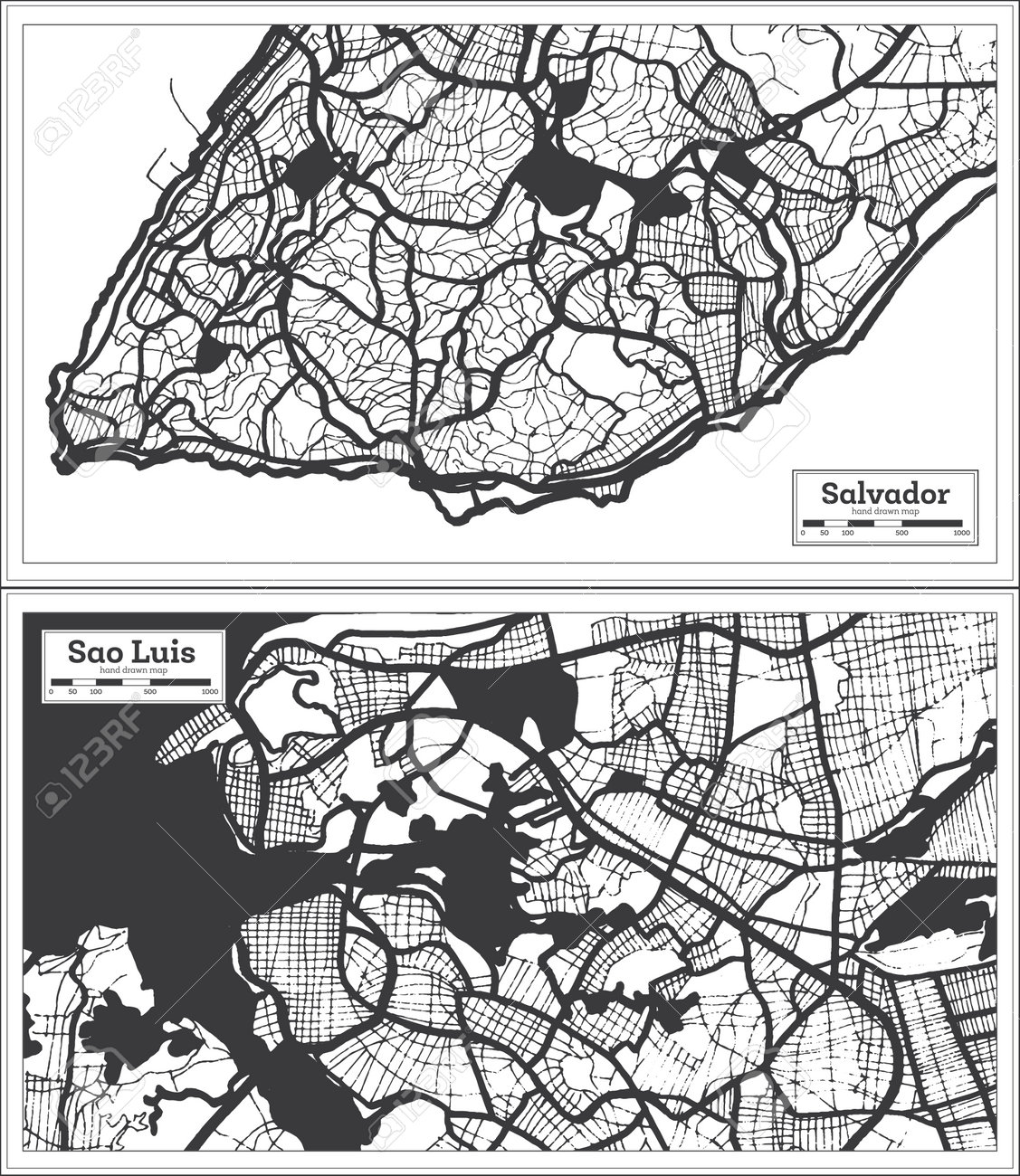 Sao luis and salvador brazil city maps set in black and white color in retro style outline maps stock photo picture and royalty free image image