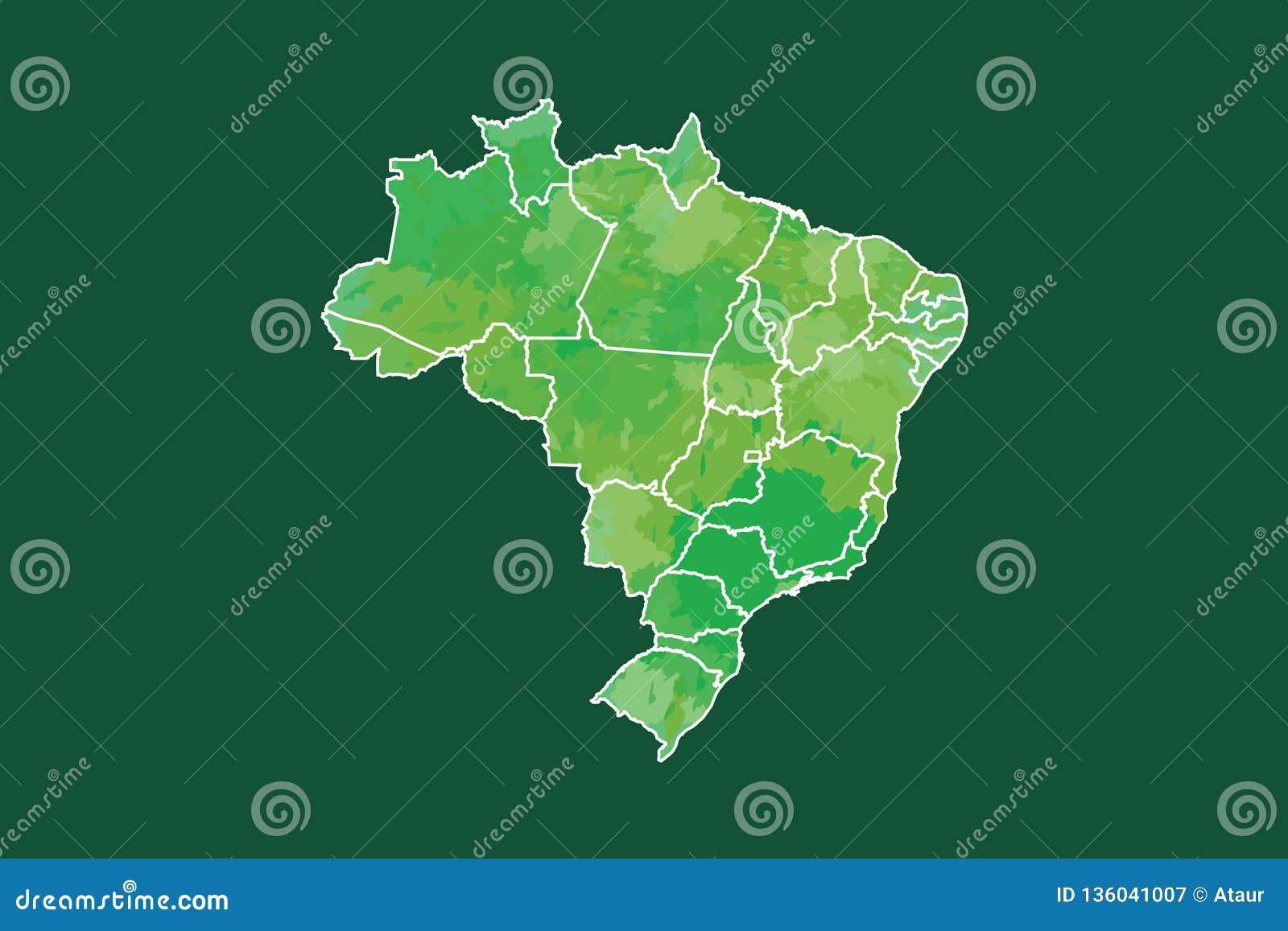 Brazil watercolor map vector illustration in green color with different regions on dark background using paint brush on page stock vector