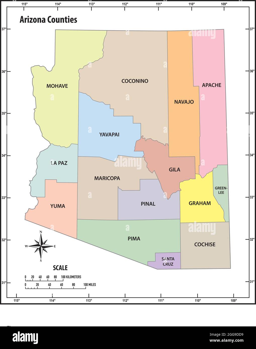 Arizona state outline administrative and political vector map in color stock vector image art