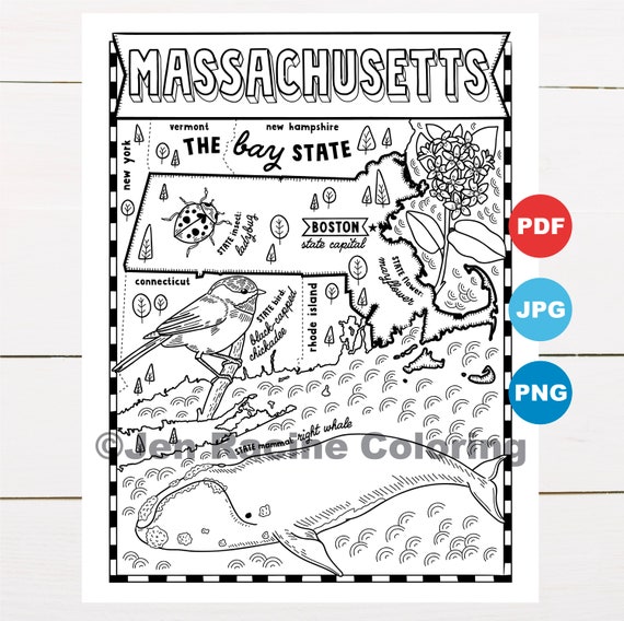 Massachusetts coloring page united states state map wildlife state symbols flowers coloring pages instant download