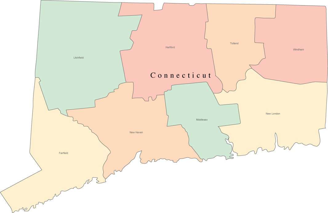 Multi color connecticut map with counties and county names
