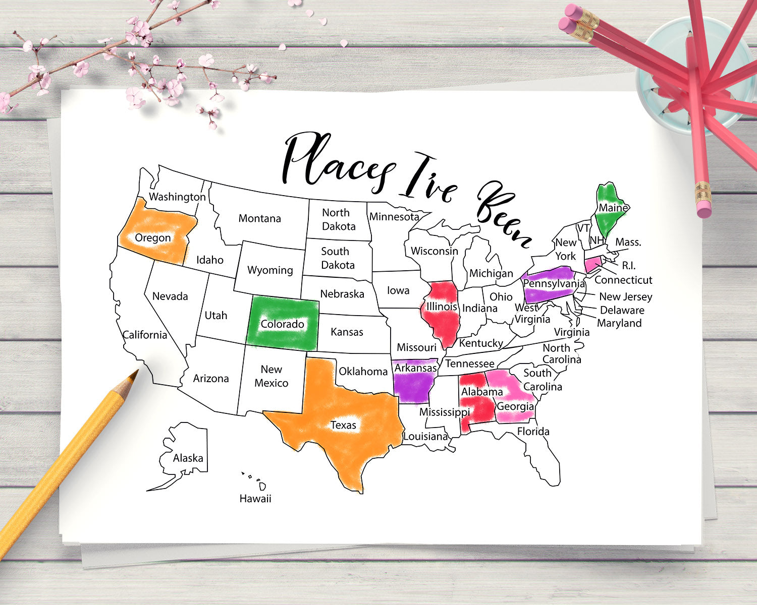 Places ive been map coloring page printable the digital download shop
