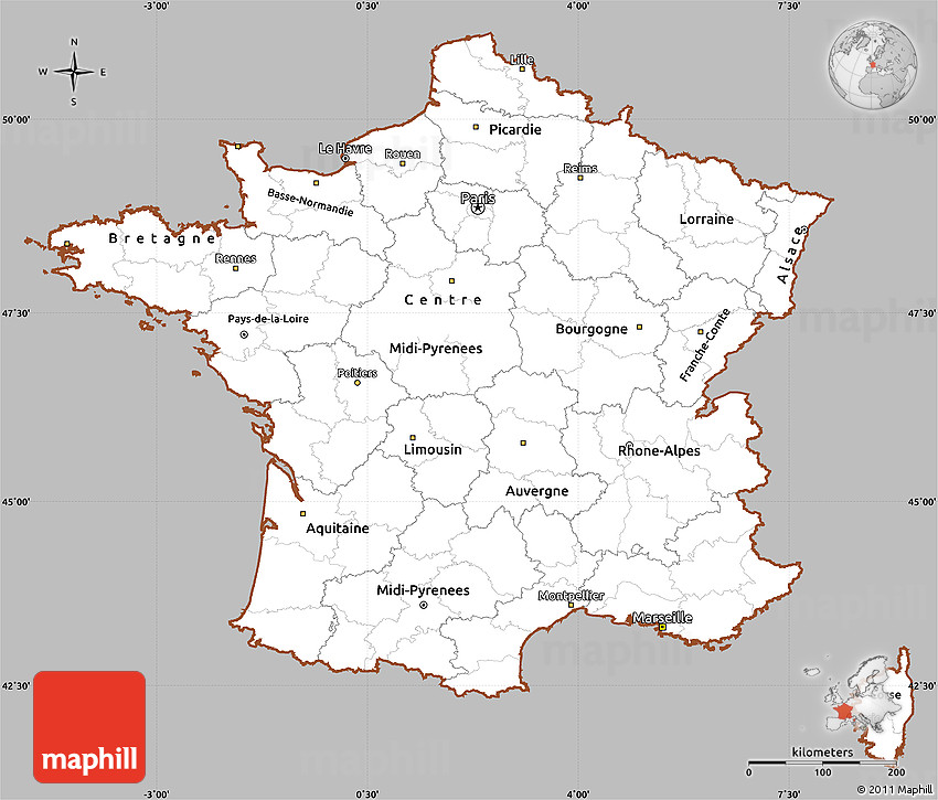 Gray simple map of france cropped outside