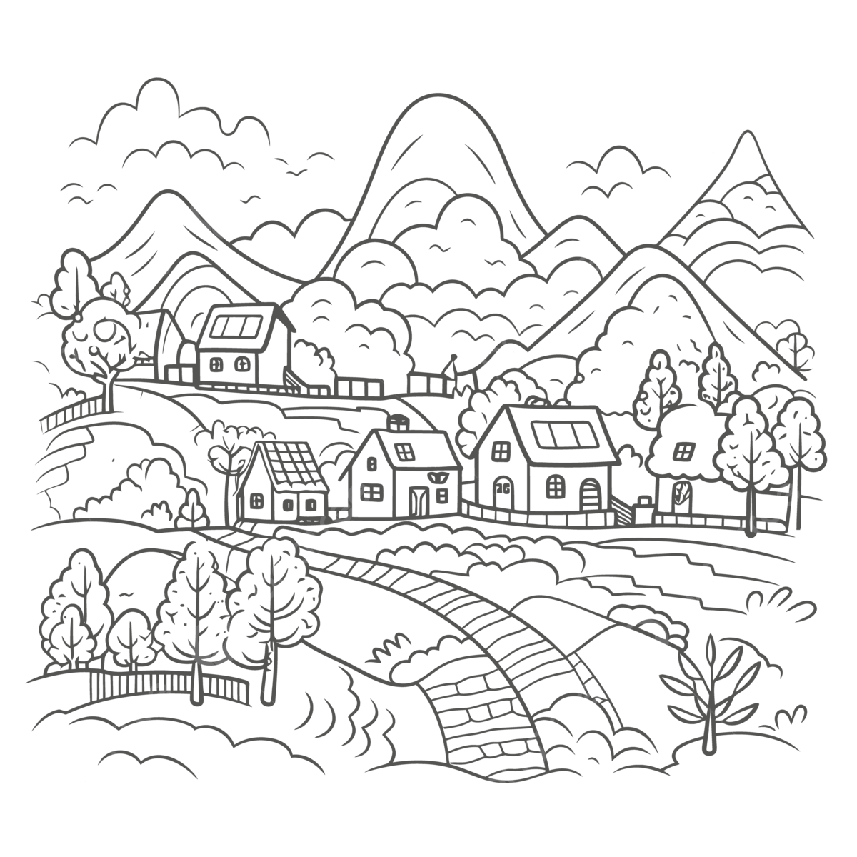 Hilly village coloring page with mountains and trees outline sketch drawing vector tree drawing mountain drawing wing drawing png and vector with transparent background for free download