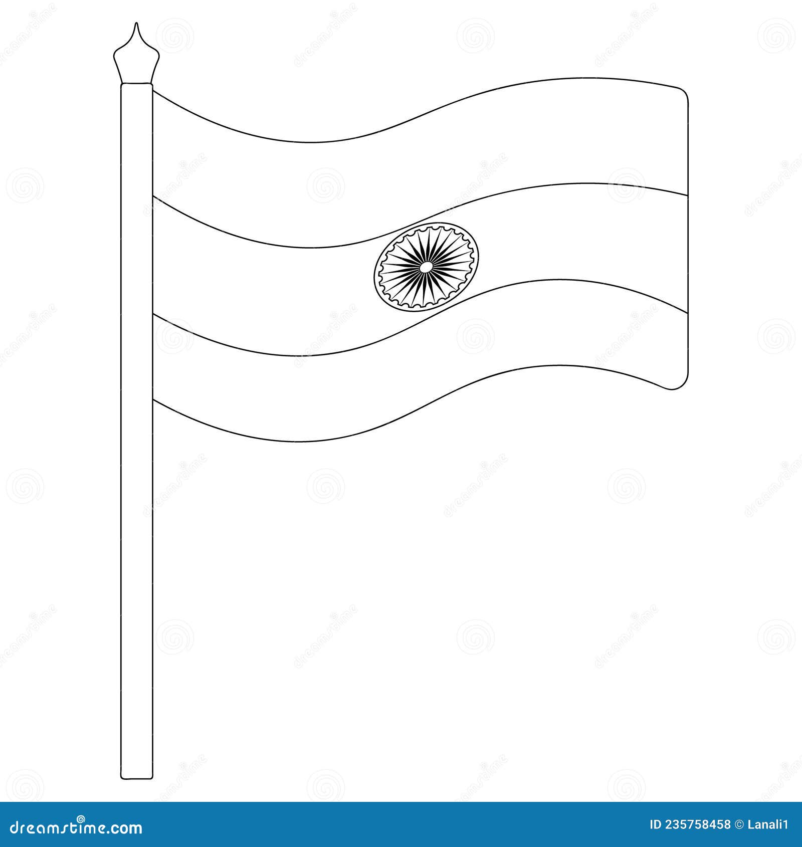 India flag sketch vector illustration coloring book for children cloth fabric with a wheel republic of india stock vector
