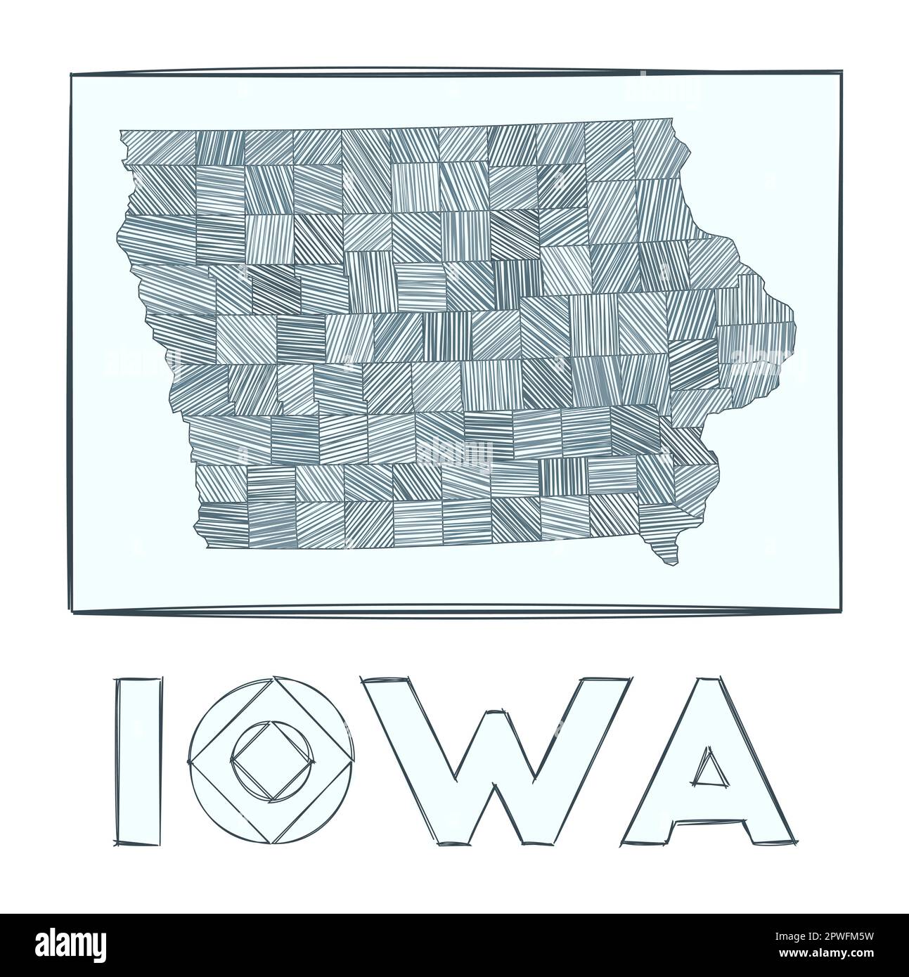 Sketch map of iowa grayscale hand drawn map of the us state filled regions with hachure stripes vector illustration stock vector image art