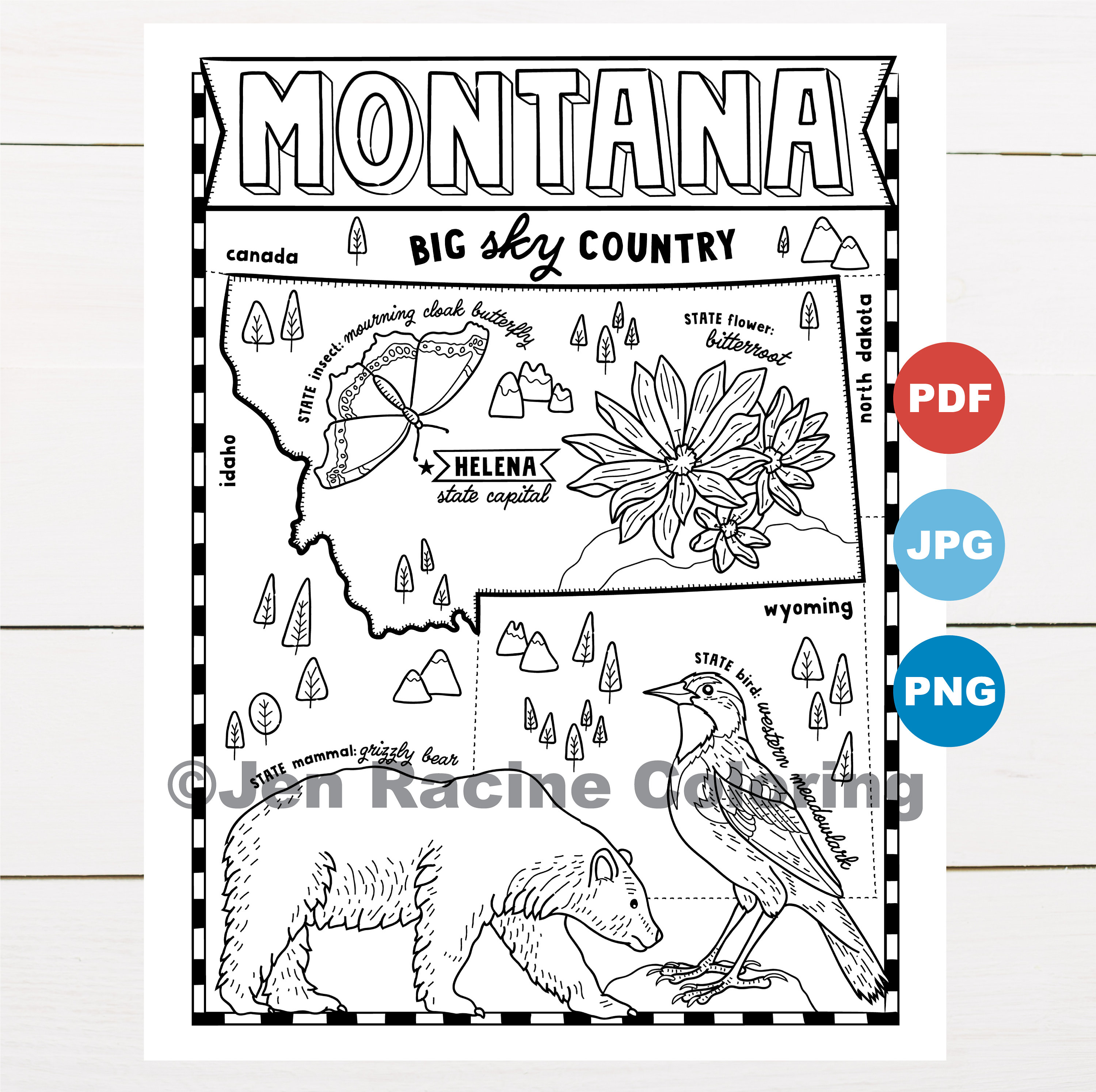 Montana coloring page united states state map wildlife state symbols flowers coloring pages instant download
