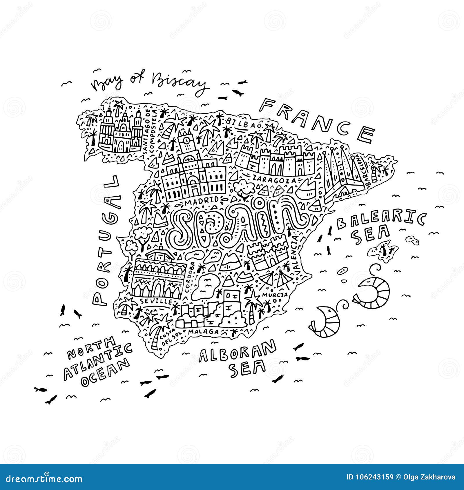 Handdrawn map of spain stock vector illustration of land