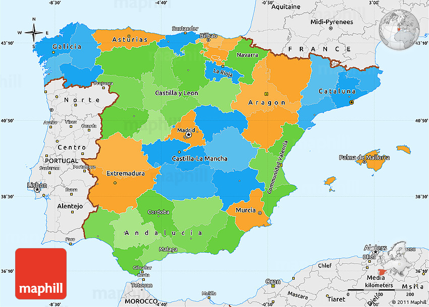 Political simple map of spain single color outside borders and labels