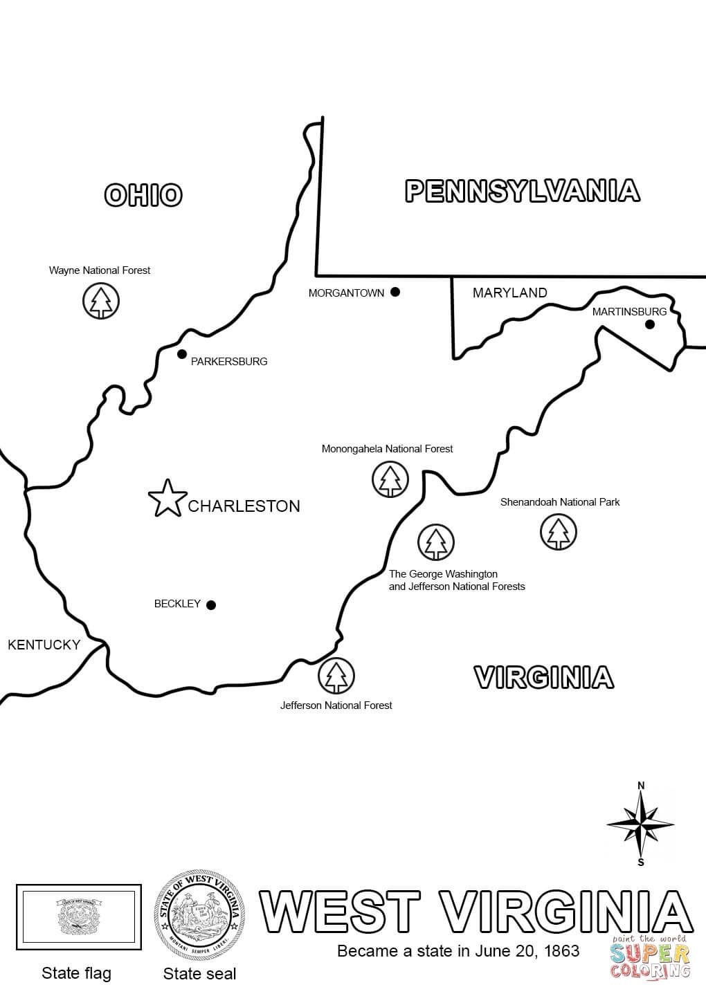 West virginia state map coloring page free printable coloring pages