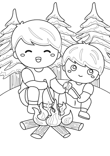 Premium vector coloring pages for kids a page roasting marshmallow in fire pit camping theme