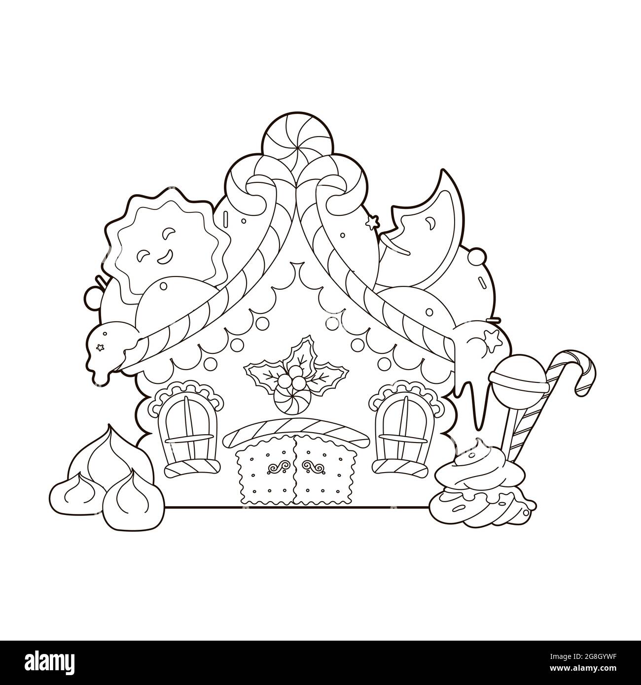 Coloring book christmas gingerbread house with marshmallow christmas treewith cream in the form of snow on the roofvector illustrationblack white stock vector image art