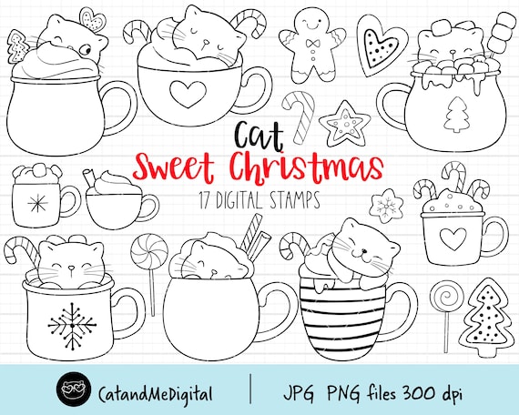 Cats sweet christmas digital stamp christmas clipart cat clipart winter drinks mug hot chocolate marshmallow cat outline coloring page