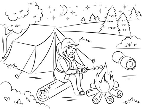 Girl roasting marshmallow over campfire coloring page bee coloring pages camping coloring pages coloring book pages