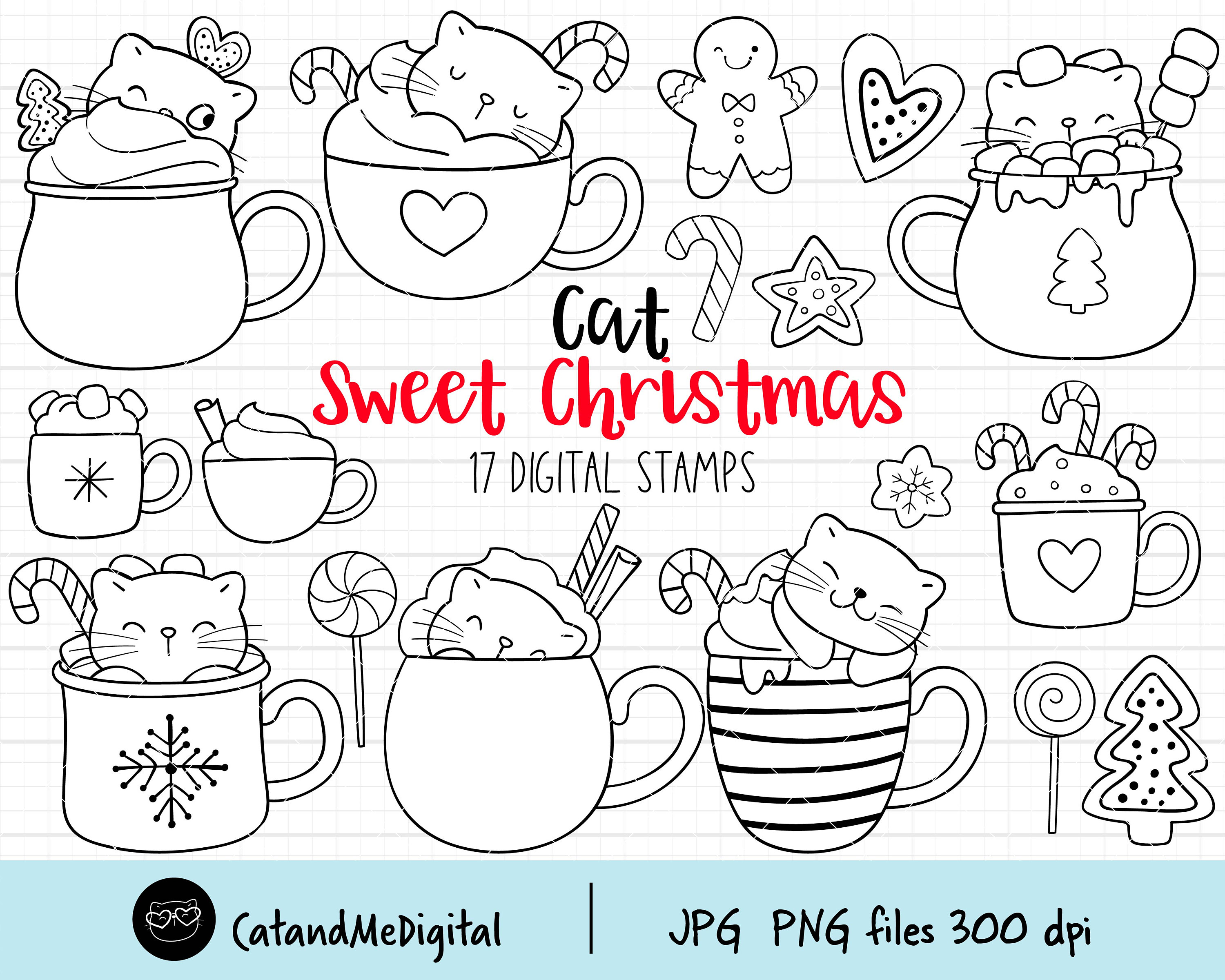 Cats sweet christmas digital stamp christmas clipart cat clipart winter drinks mug hot chocolate marshmallow cat outline coloring page