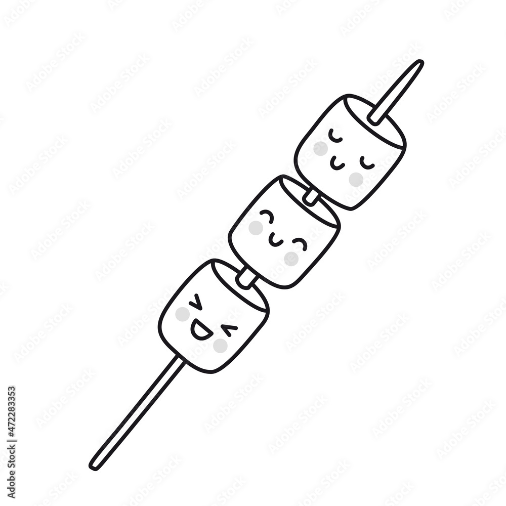 Cute marshmallow characters on a stick winter street food funny outline illustration vector isolated emblem for logo coloring book tattoo print vector