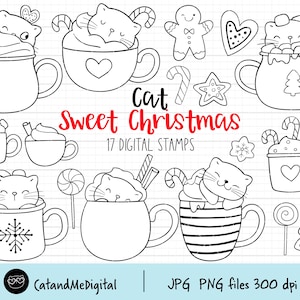 Cats sweet christmas digital stamp christmas clipart cat clipart winter drinks mug hot chocolate marshmallow cat outline coloring page