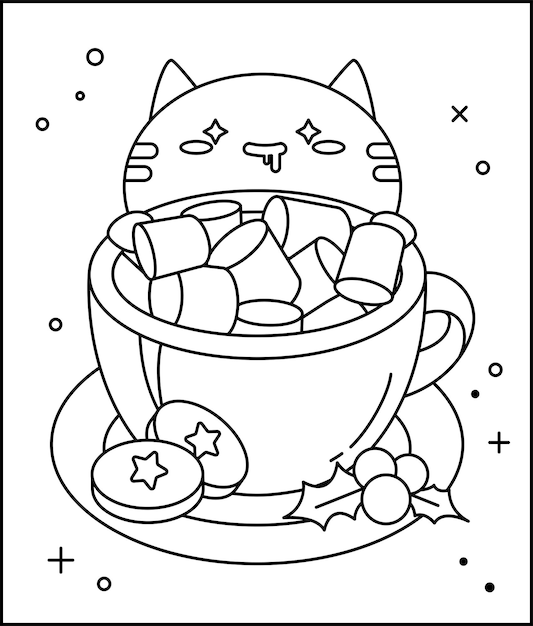 Premium vector simple illustration for coloring book with a cute happy cat and cup with marshmallow xmas mood