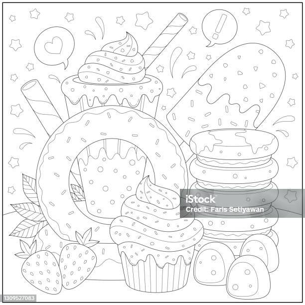 Fantasy doughnut cake and ice cream with marshmallow and strawberry learning and education coloring page illustration