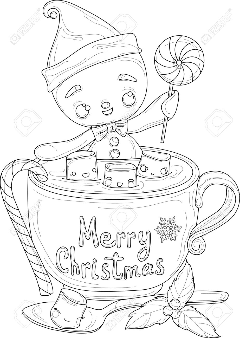 Cartoon cute gingerbread man with candy and marshmallow in a cup sketch template christmas vector illustration of cookie man in black and white for games background pattern decor coloring paper royalty free