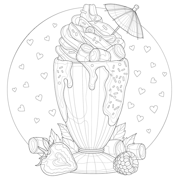 Premium vector milkshake with cream marshmallows strawberries raspberries and mint antistress coloring book for kids and adults illustration isolated on white background black and white drawing zen tangle
