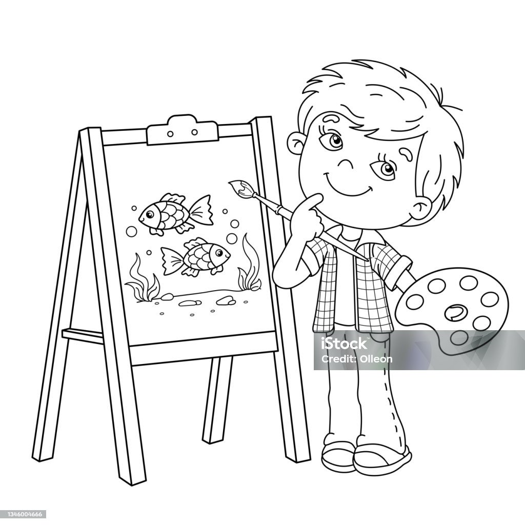 Coloring page outline of cartoon boy with brush and paints little artist at the easel drawing color fishes coloring book for kids stock illustration