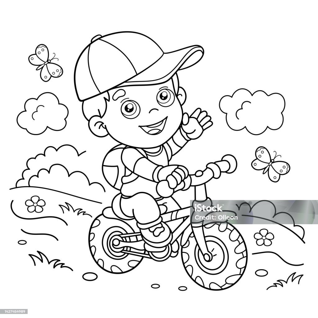 Coloring page outline of a cartoon fun boy on a bicycle or bike outdoor games summer activity coloring book for kids stock illustration