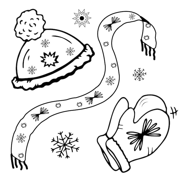 Premium vector coloring page hat scarf mittens snowflakes winter and autumn vector illustration