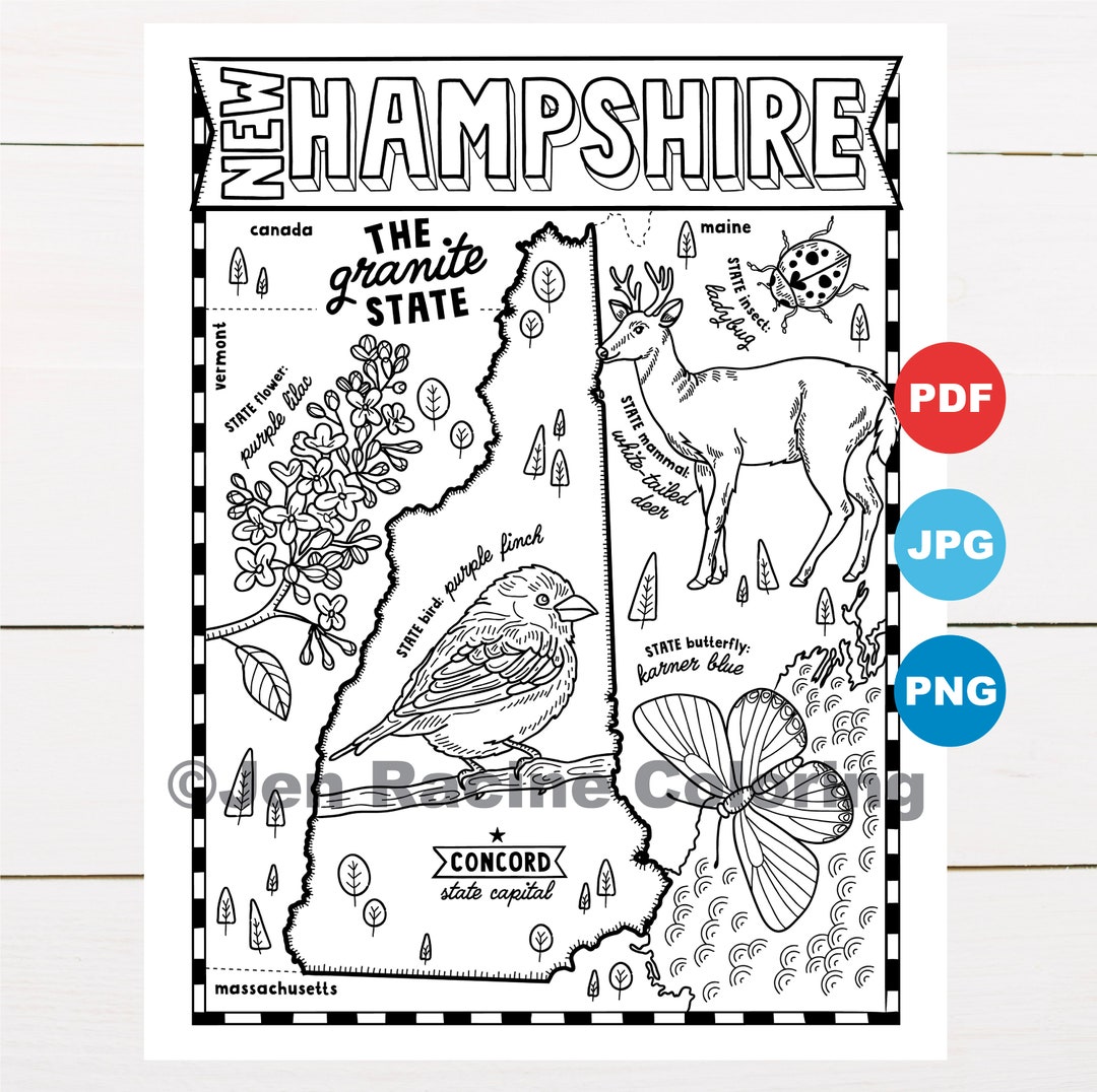 New hampshire coloring page united states state map wildlife state symbols flowers coloring pages