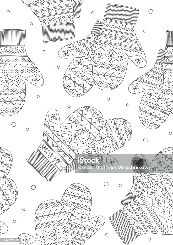 Seamless pattern or coloring page with mittens as a concept for christmas winter cold outline vector stock illustration for printing on wrapping paper stock illustration