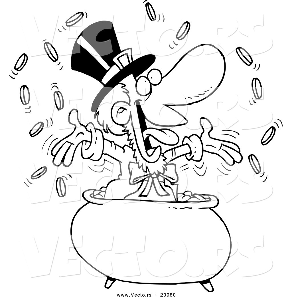 R of a cartoon leprechaun celebrating in his pot of gold