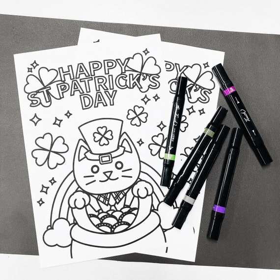 Printable saint patricks day coloring page rainbow pot of gold clover children craft school black outline picture