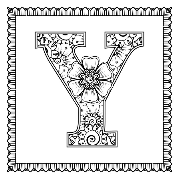 Premium vector letter y made of flowers in mehndi style coloring book page outline handdraw vector illustration
