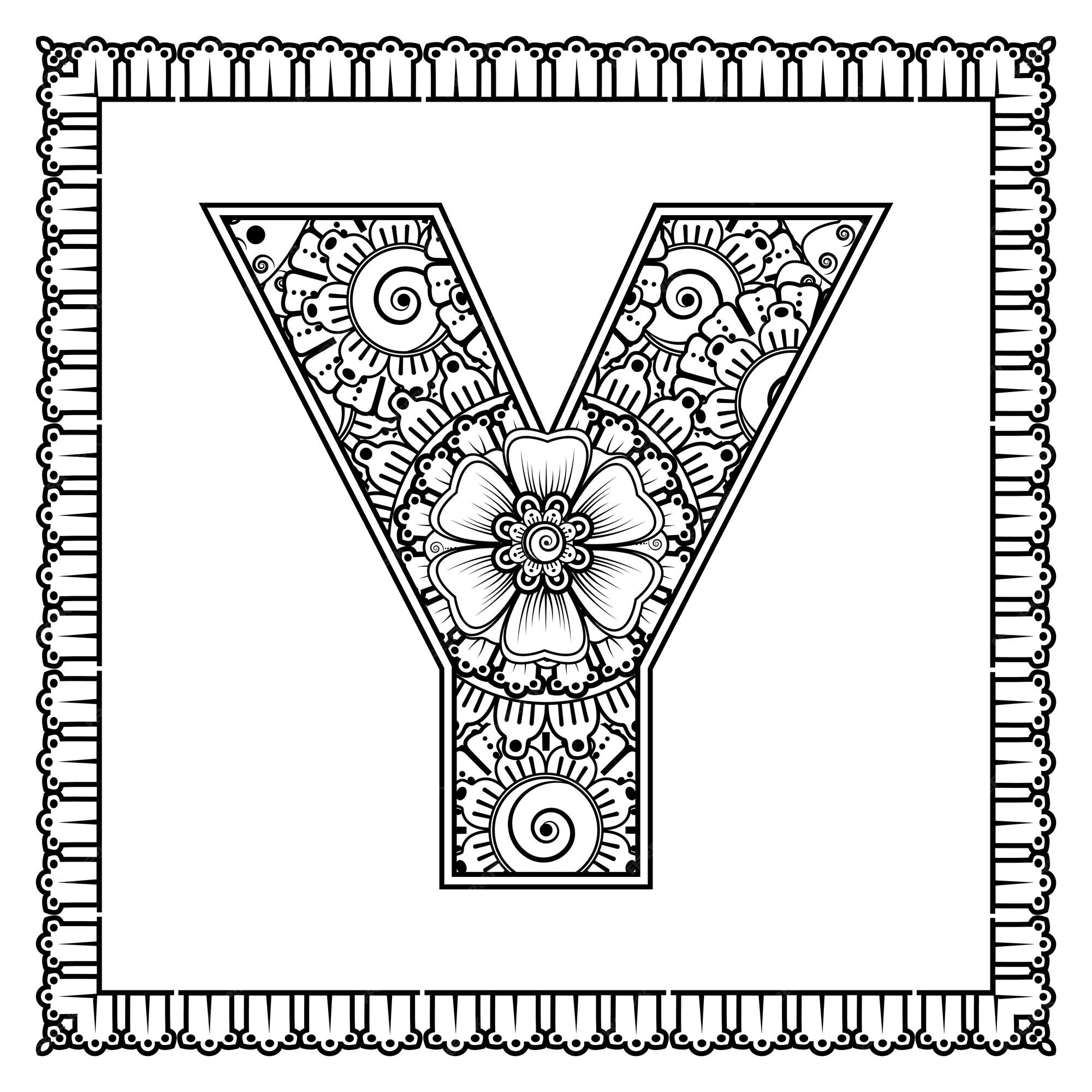 Premium vector letter y made of flowers in mehndi style coloring book page outline handdraw vector illustration