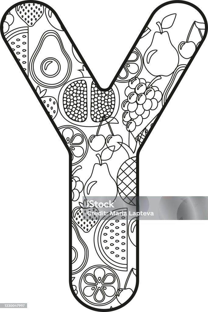 Hand drawing geometric ornamented alphabet simple black outline abc illustrations for coloring pages wallpapers prints cards posters fruits vegetables with letters on white isolated background stock illustration