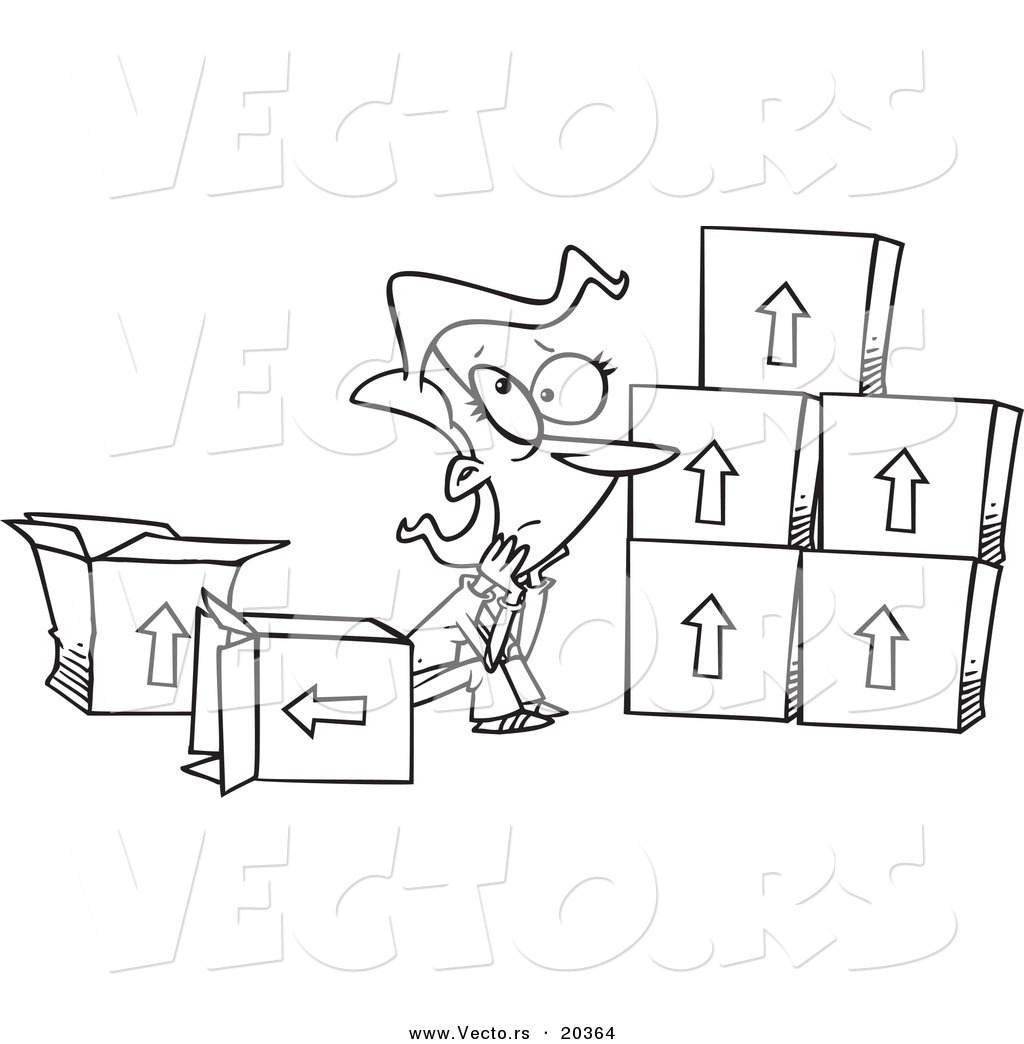 R of a cartoon sad woman sitting by moving boxes