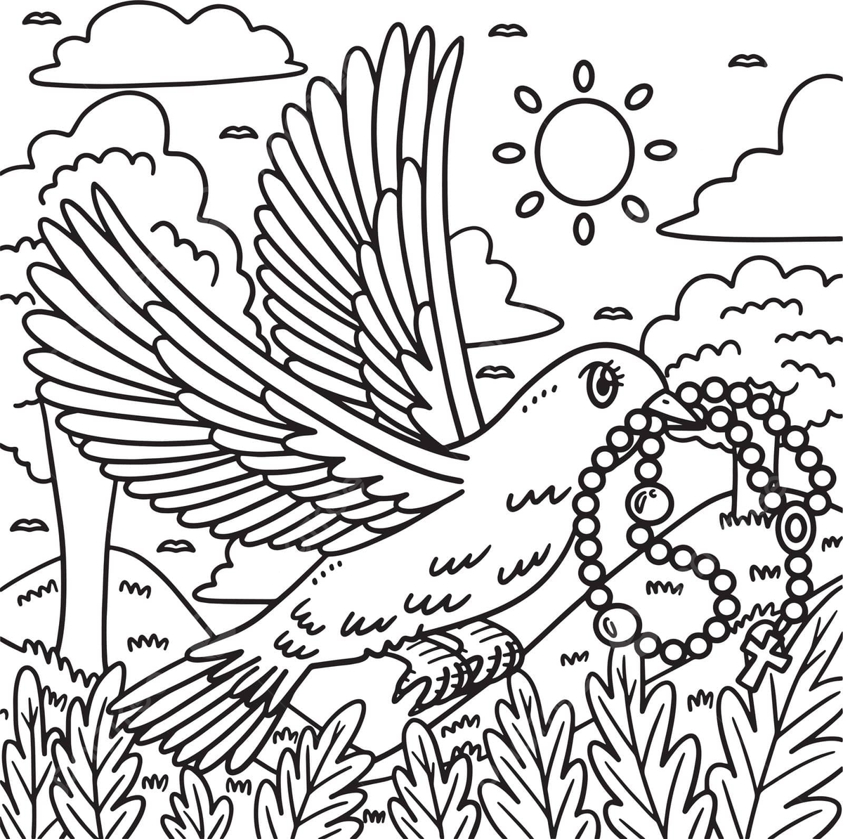 Coloring page for kids featuring a dove carrying a rosary in a christian theme vector colouring vector graphic png and vector with transparent background for free download