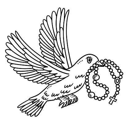 Christian dove with rosary isolated coloring page stock illustration