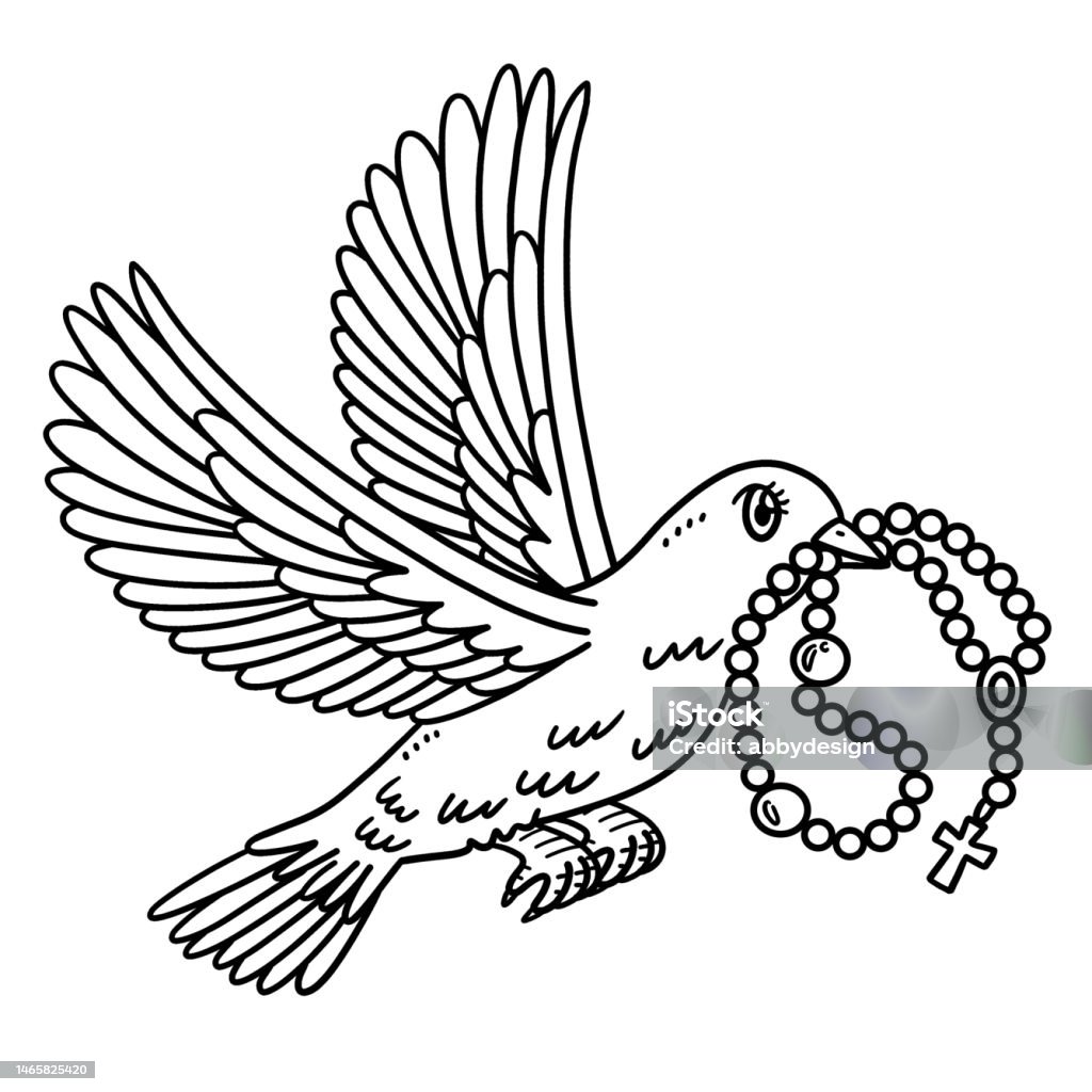 Christian dove with rosary isolated coloring page stock illustration