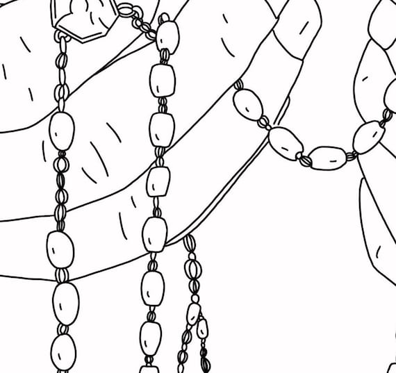 Rosary in hand praying line drawing print catholic art hand drawn digital download simple black white printable outline