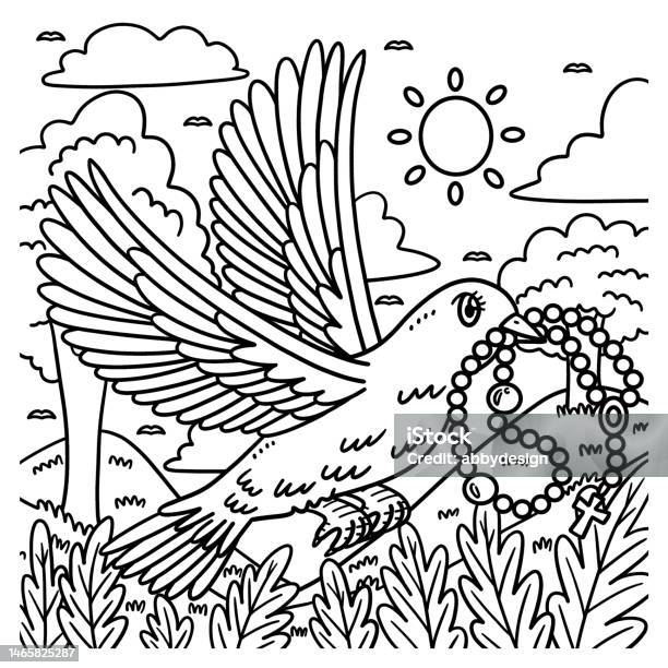 Christian dove with rosary isolated coloring page stock illustration