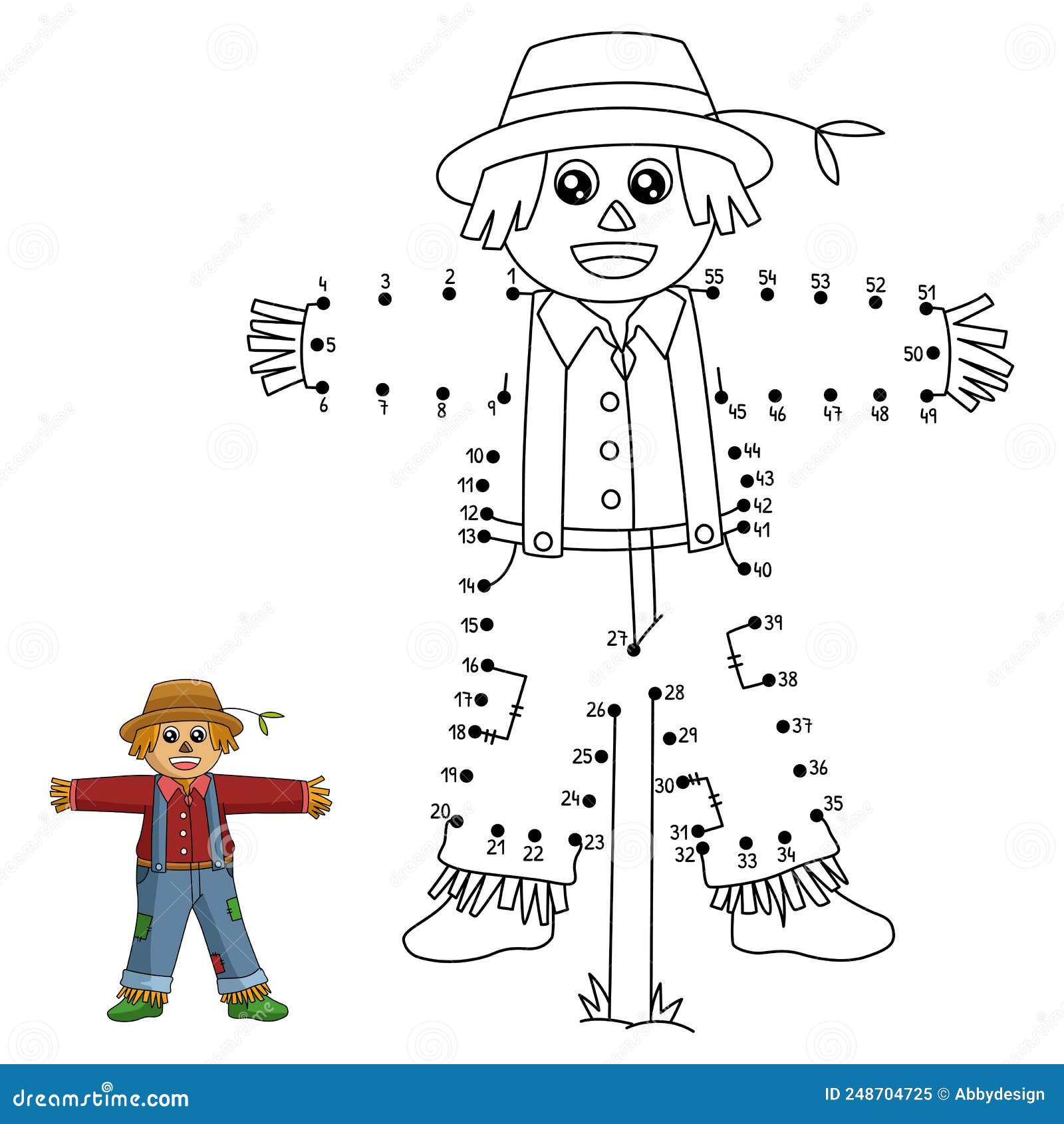 Dot to dot scarecrow coloring page for kids stock vector