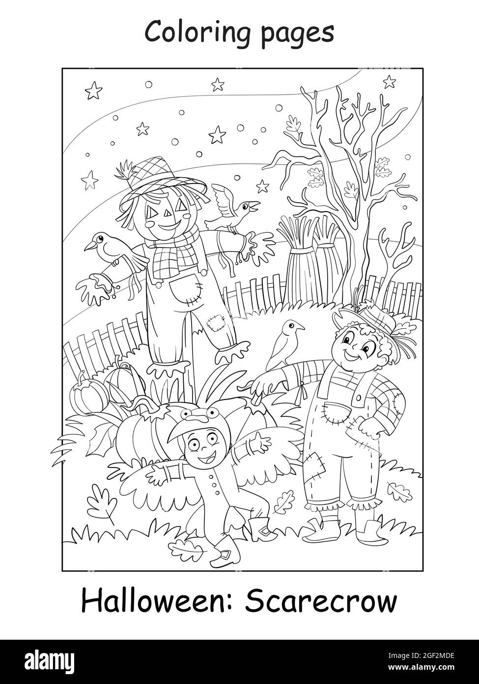 Vector coloring page funny children in costumes of scarecrow and crow halloween concept cartoon contour isolated illustration coloring book for chi stock vector image art